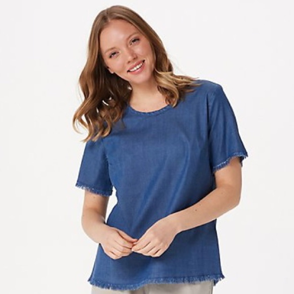 Velvet Heart Tencel Blue Denim Top with Frayed Hem